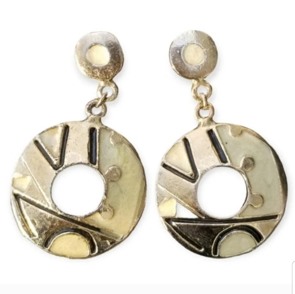 80S GEOMETRIC SHAPES ENAMEL & GOLDTONE DROP EARRINGS